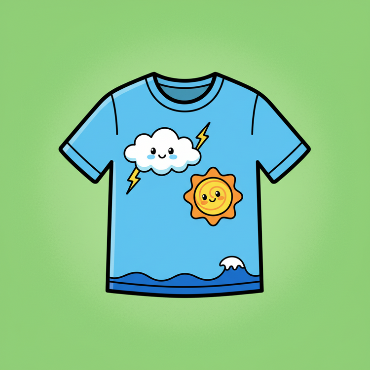 Camiseta com desenho de nuvem com raio, sol sorridente e ondas. 👕🌤️🌊